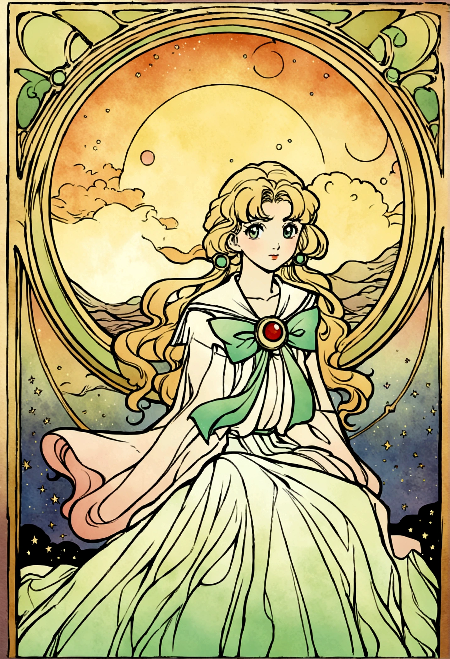 A painting of a woman sitting on a bed with the moon behind her, Dreamy illustration, Inspired by Audrey Kawasaki, Anime Art Nouveau cosmic display, loish art style, Inspired by Naoko Takeuchi, Anime Art Nouveau, Loish and clamp styles, Illustration Line art style, Sailor Moon aesthetics, Anime Graphic Illustration, Drawn in a whimsical style, Soft anime illustration
