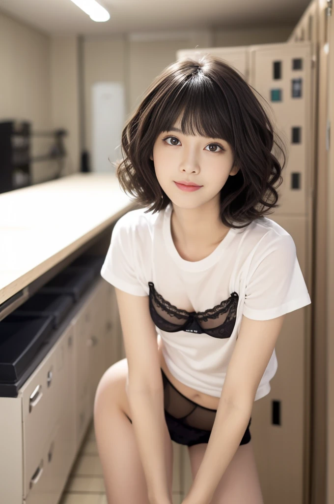 locker room,(highest quality, Very detailed, masterpiece:1.2), 1 female, very thin body, Long, slender legs, ((Black wavy Short Hair:1.2)), ((Thick and fluffy bangs)), Very detailedな顔,faint smile, Small, thin nose, small thin mouth, Extremely sharply focused eyes, Japanese, Beautiful Face, Realistic eyes, Beautiful and beautiful eyes, Realistic Skin, Beautiful Skin, charm, (A vivid face), Beautiful Hairstyles,In underwear,(T-Shirts,panties panty pull),上からのショット
