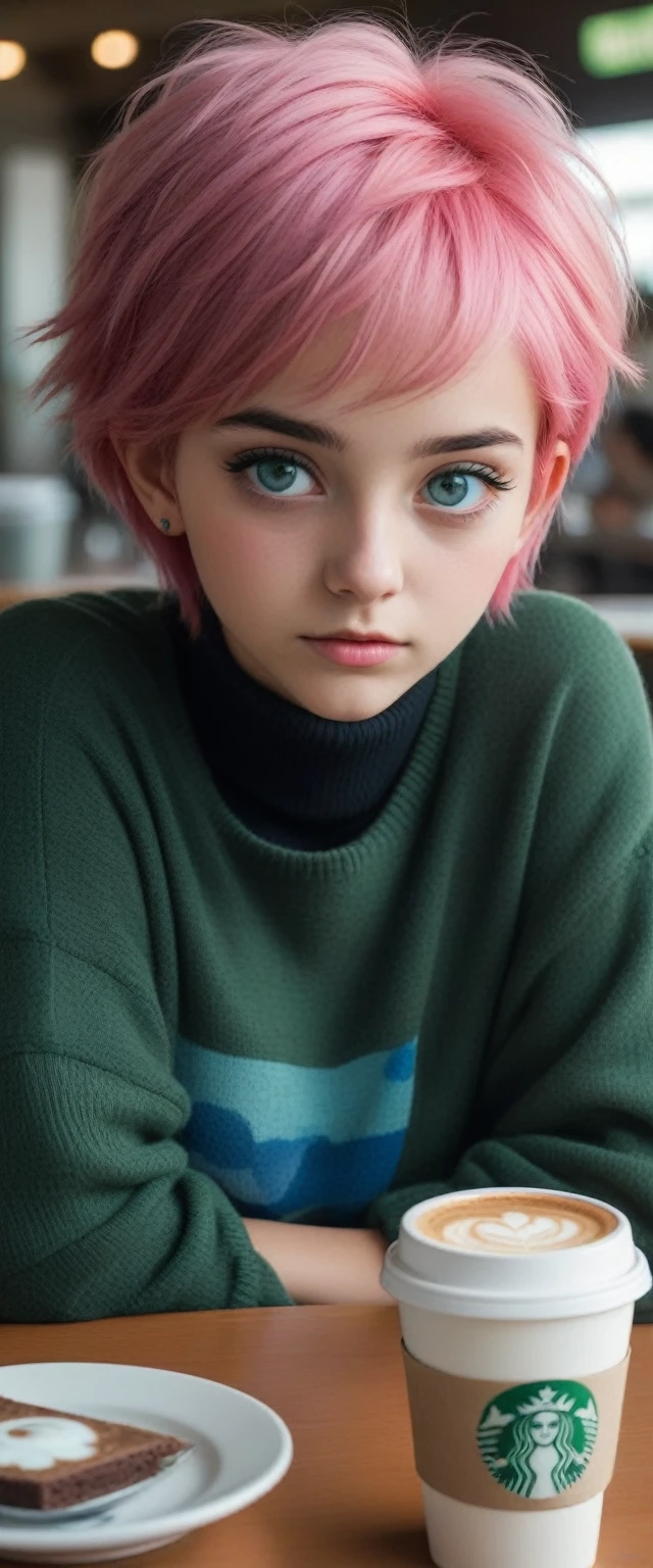 -yeld gi short hair, pink hair, blue and green eye, lindo rosto, Grieving, cold casual wear, drinking coffee,in a cafeteria, semblante Grieving