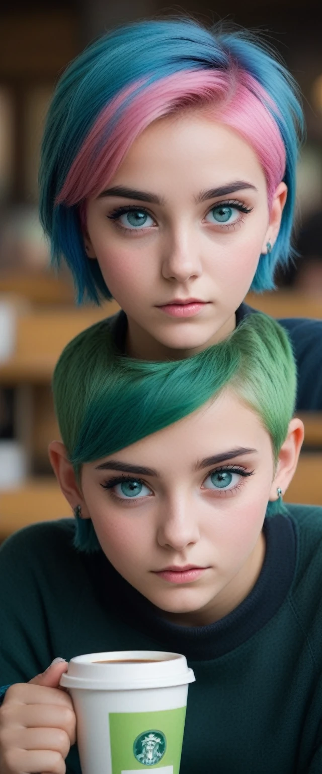 12-year-old girl, short hair, pink hair, blue and green eye, lindo rosto, Grieving, cold casual wear, drinking coffee,in a cafeteria, semblante Grieving