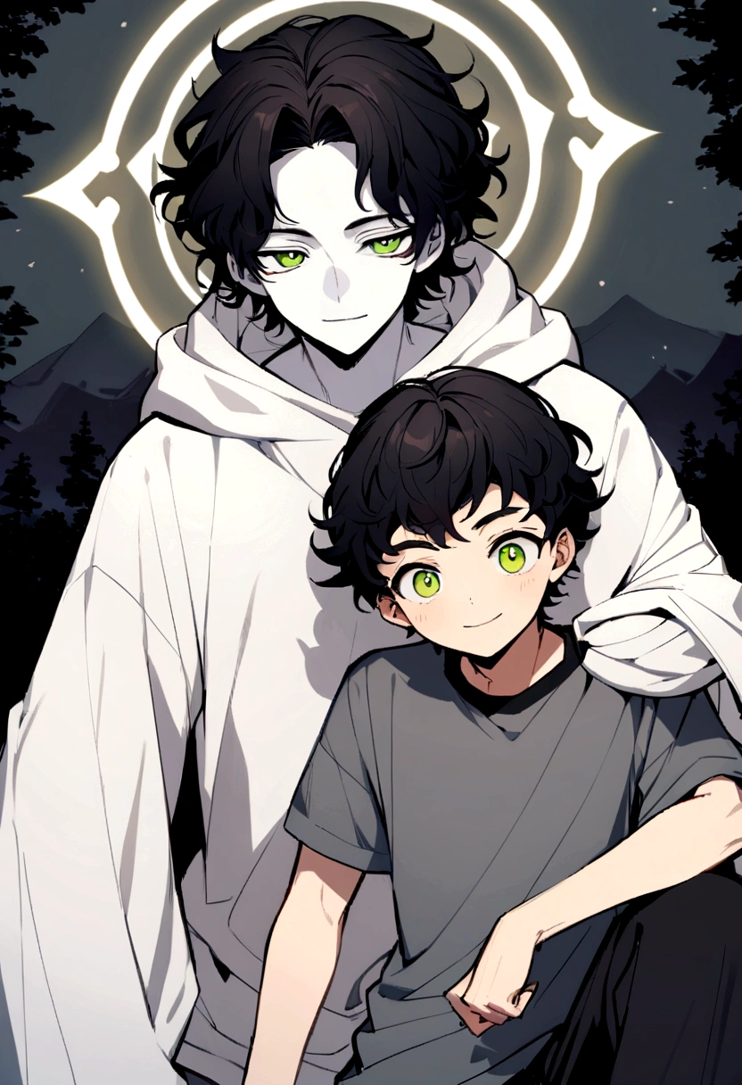 Draw a 20 year old man, with the following characteristics: he has white skin, short black curly hair, and green eyes. in the head, he has an angelic halo. He is wearing a normal sweatshirt outfit, consisting of black sweatpants and a gray short-sleeved shirt. Furthermore, on the right arm, he uses a white cloth covering, well-groomed. The boy has a slightly smiling expression. The background should be a snowy forest. Capture all of these details to ensure the final image is true to description.