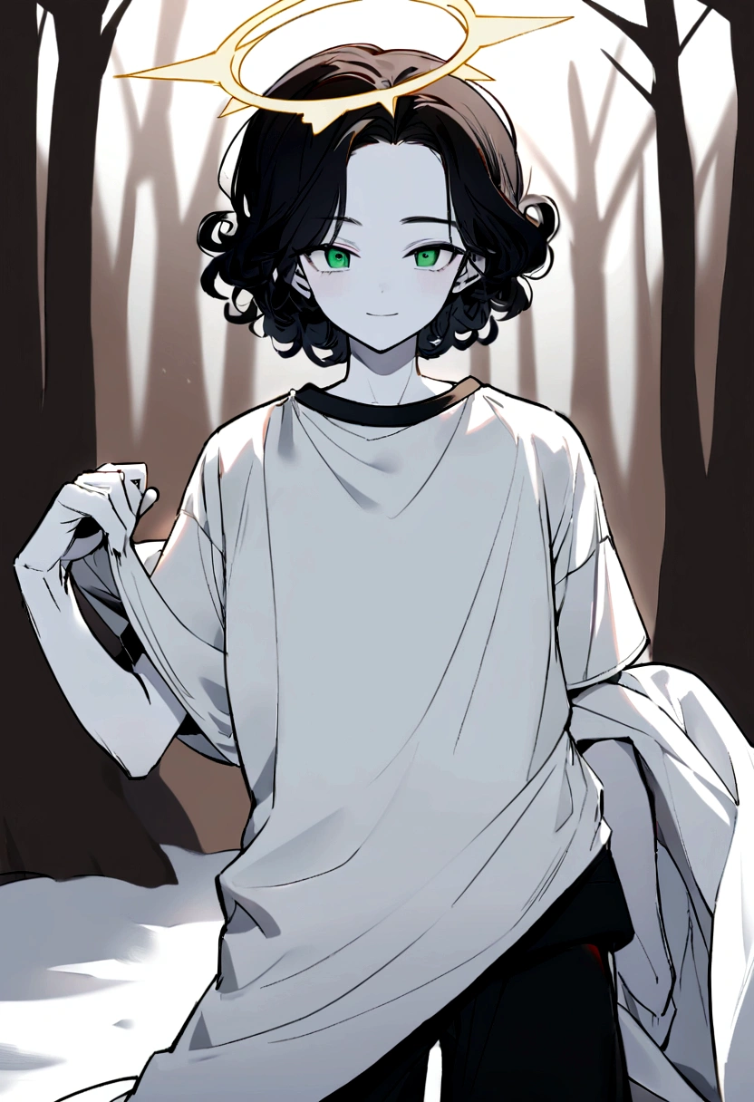 Draw a 20 year old man, with the following characteristics: he has white skin, short black curly hair, and green eyes. in the head, he has an angelic halo. He is wearing a normal sweatshirt outfit, consisting of black sweatpants and a gray short-sleeved shirt. Furthermore, on the right arm, he uses a white cloth covering, well-groomed. The boy has a slightly smiling expression. The background should be a snowy forest. Capture all of these details to ensure the final image is true to description.