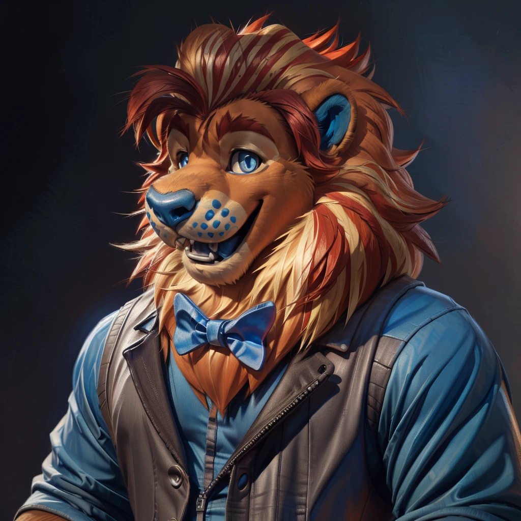 best anatomy, best quality, (by null-ghost,by darkgem,by pino daeni,by zoroj, by redrusker), (furry art, soft shading:1.1), bara, blue eyes, blue nose, mane, tail, solo, (pinup), (pose), (soft shading), 4k, hi res, ((detailed face, detailed eyes)), by zackarry911, by zaush, (by personalami:0.5), smile, open mouth, simple background, looking at viewer, shirt, vest, bow tie, portrait, face focus,