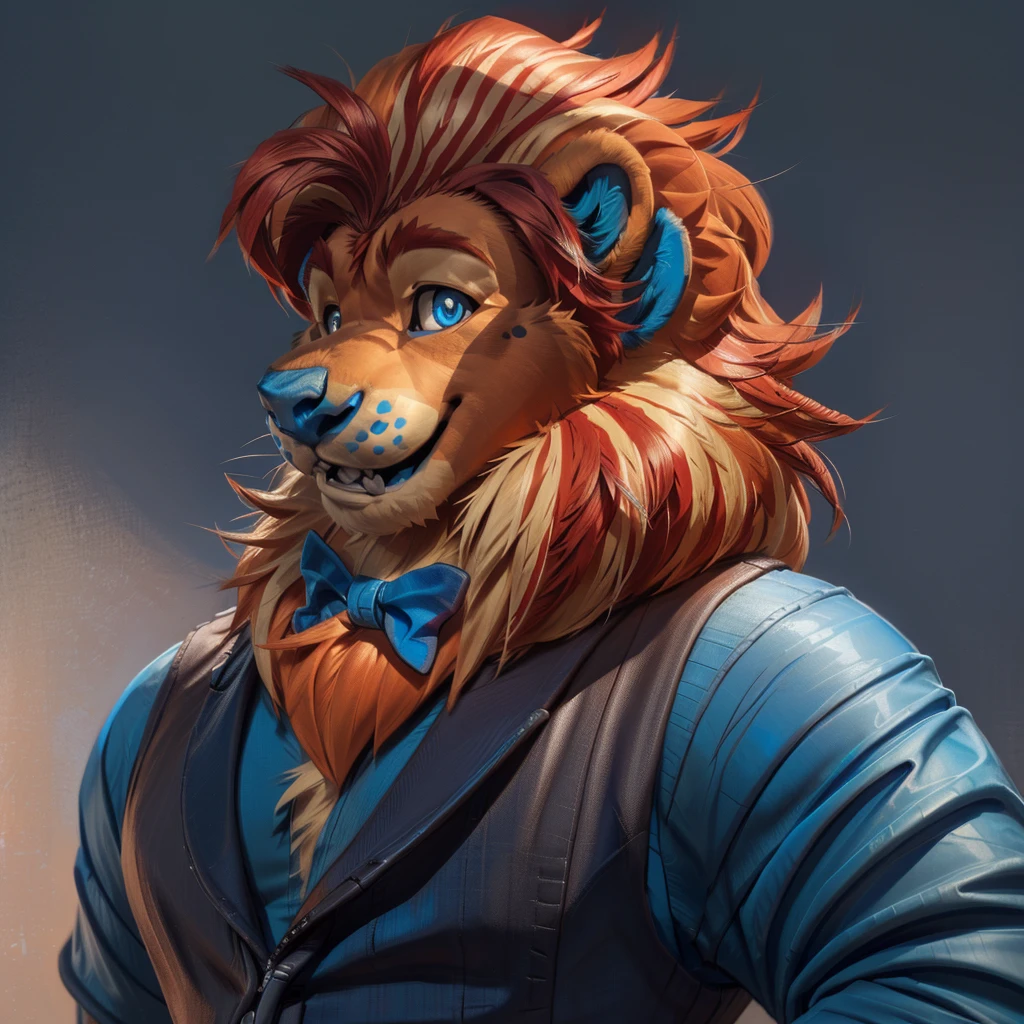 best anatomy, best quality, (by null-ghost,by darkgem,by pino daeni,by zoroj, by redrusker), (furry art, soft shading:1.1), bara, blue eyes, blue nose, mane, tail, solo, (pinup), (pose), (soft shading), 4k, hi res, ((detailed face, detailed eyes)), by zackarry911, by zaush, (by personalami:0.5), smile, open mouth, simple background, looking at viewer, shirt, vest, bow tie, portrait, face focus,