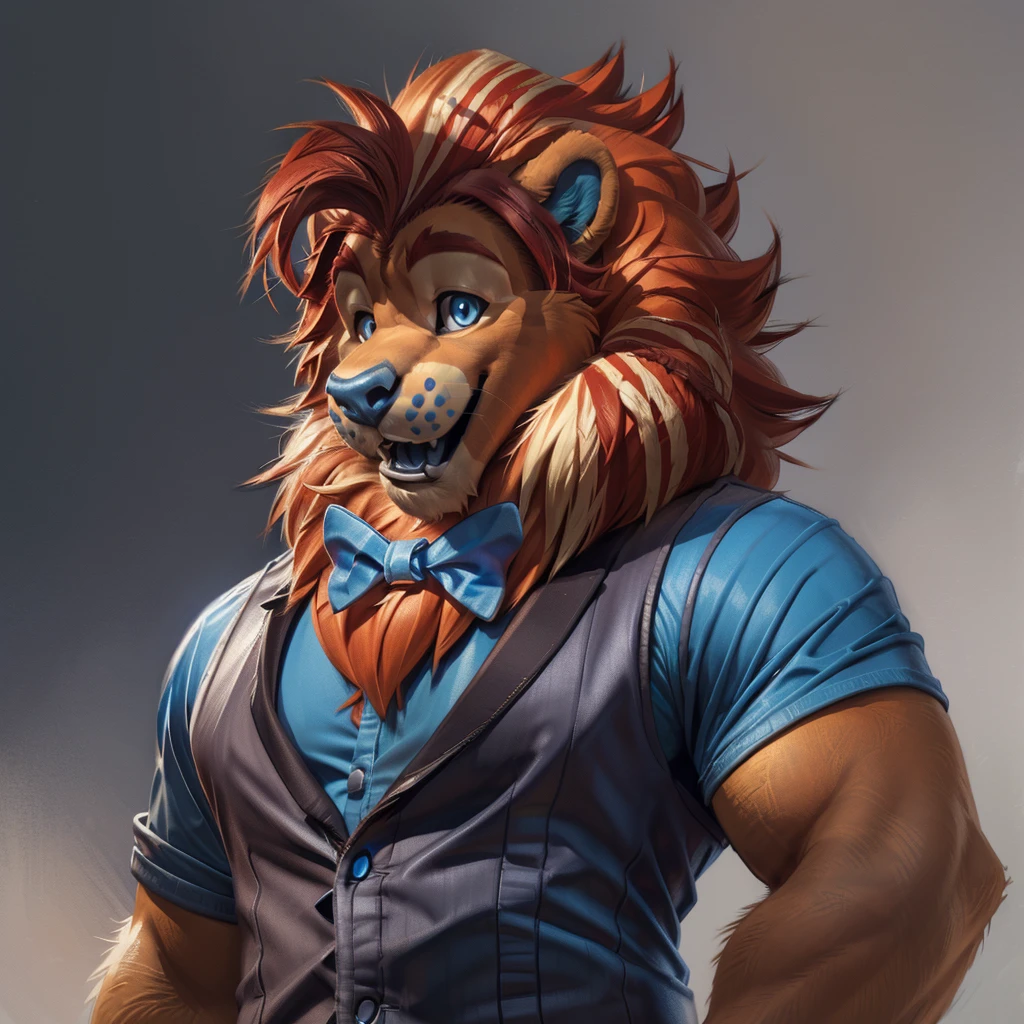 best anatomy, best quality, (by null-ghost,by darkgem,by pino daeni,by zoroj, by redrusker), (furry art, soft shading:1.1), bara, blue eyes, blue nose, mane, tail, solo, (pinup), (pose), (soft shading), 4k, hi res, ((detailed face, detailed eyes)), by zackarry911, by zaush, (by personalami:0.5), smile, open mouth, simple background, looking at viewer, shirt, vest, bow tie, portrait, face focus,