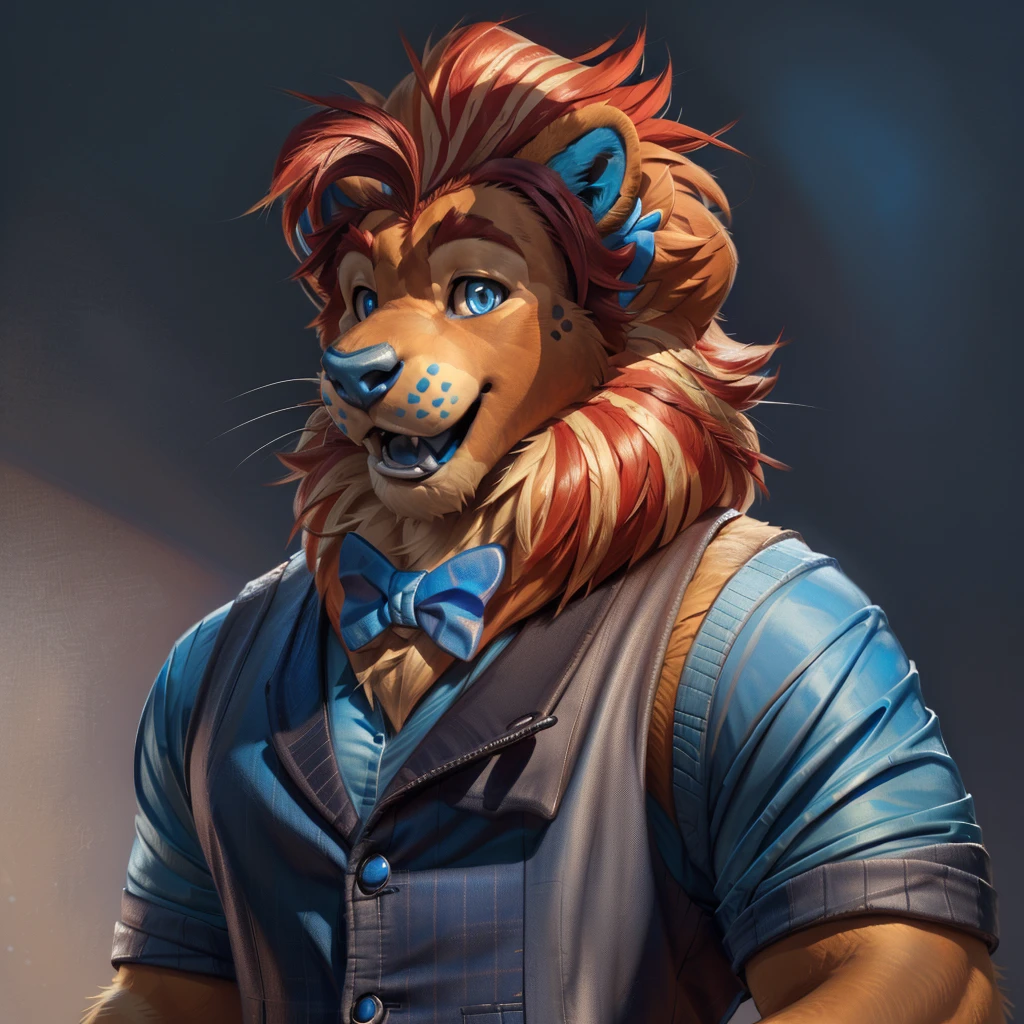 best anatomy, best quality, (by null-ghost,by darkgem,by pino daeni,by zoroj, by redrusker), (furry art, soft shading:1.1), bara, blue eyes, blue nose, mane, tail, solo, (pinup), (pose), (soft shading), 4k, hi res, ((detailed face, detailed eyes)), by zackarry911, by zaush, (by personalami:0.5), smile, open mouth, simple background, looking at viewer, shirt, vest, bow tie, portrait, face focus,