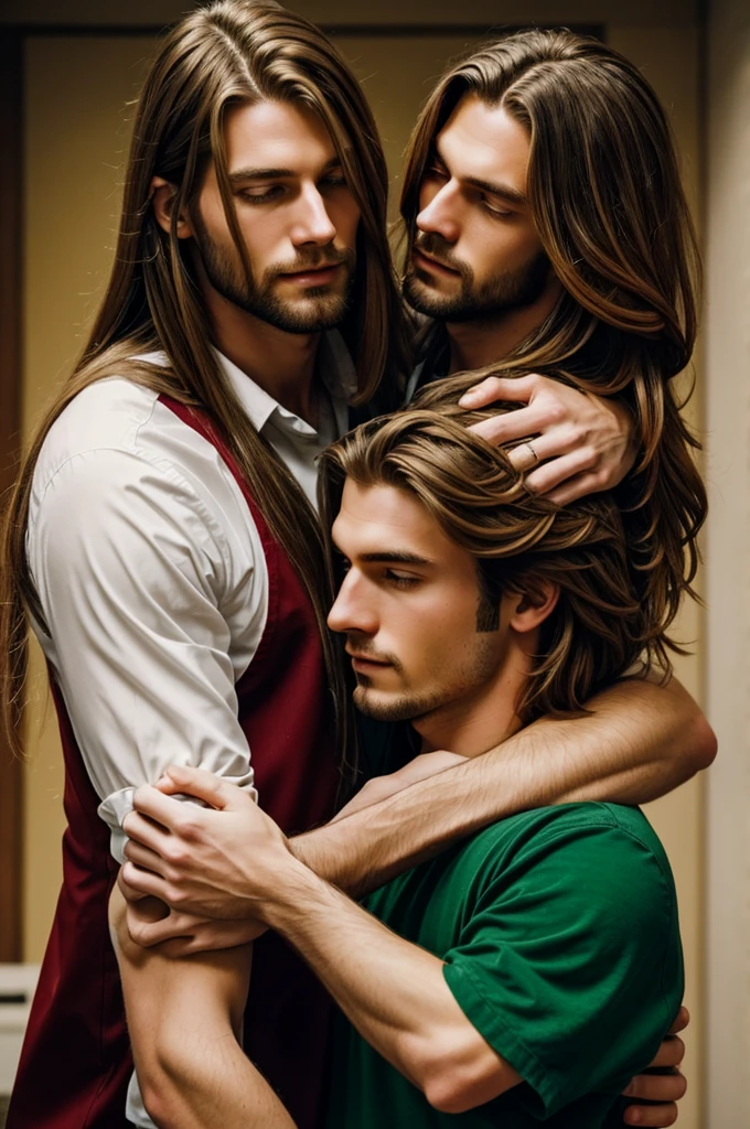 Tall man with long hair, blonde with red highlights and red eyes, hugging a man with short brown hair and green eyes romantically