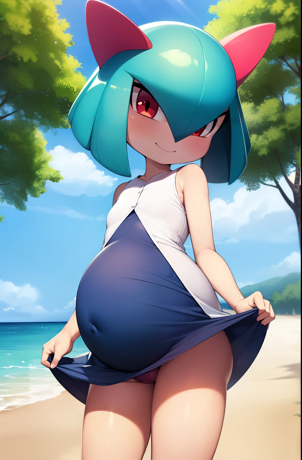 masterpiece, Best Quality, 1 girl in, Alone, kirlia, green hair, Red eyes, yellow dress, dress with flowers, Porcelain skin, short hair, tight clothes, walking on a beach, hands on belly, low-cut dress, seniors, (((pregnant))), pregnancy belly, ruvor, shy smile.