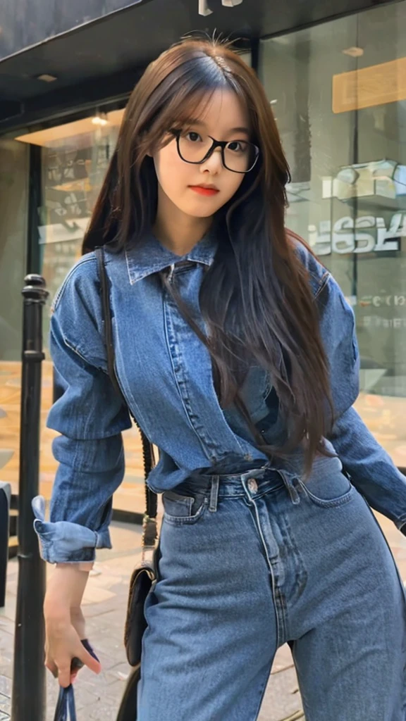 cute dark toned Chinese girl wearing glasses in tight jeans