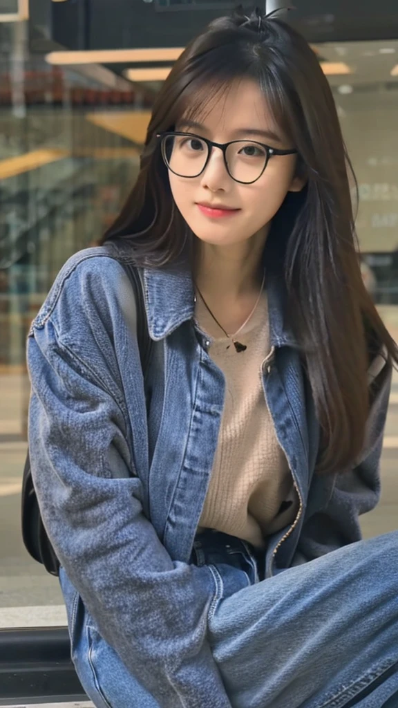 cute dark toned Chinese girl wearing glasses in tight jeans