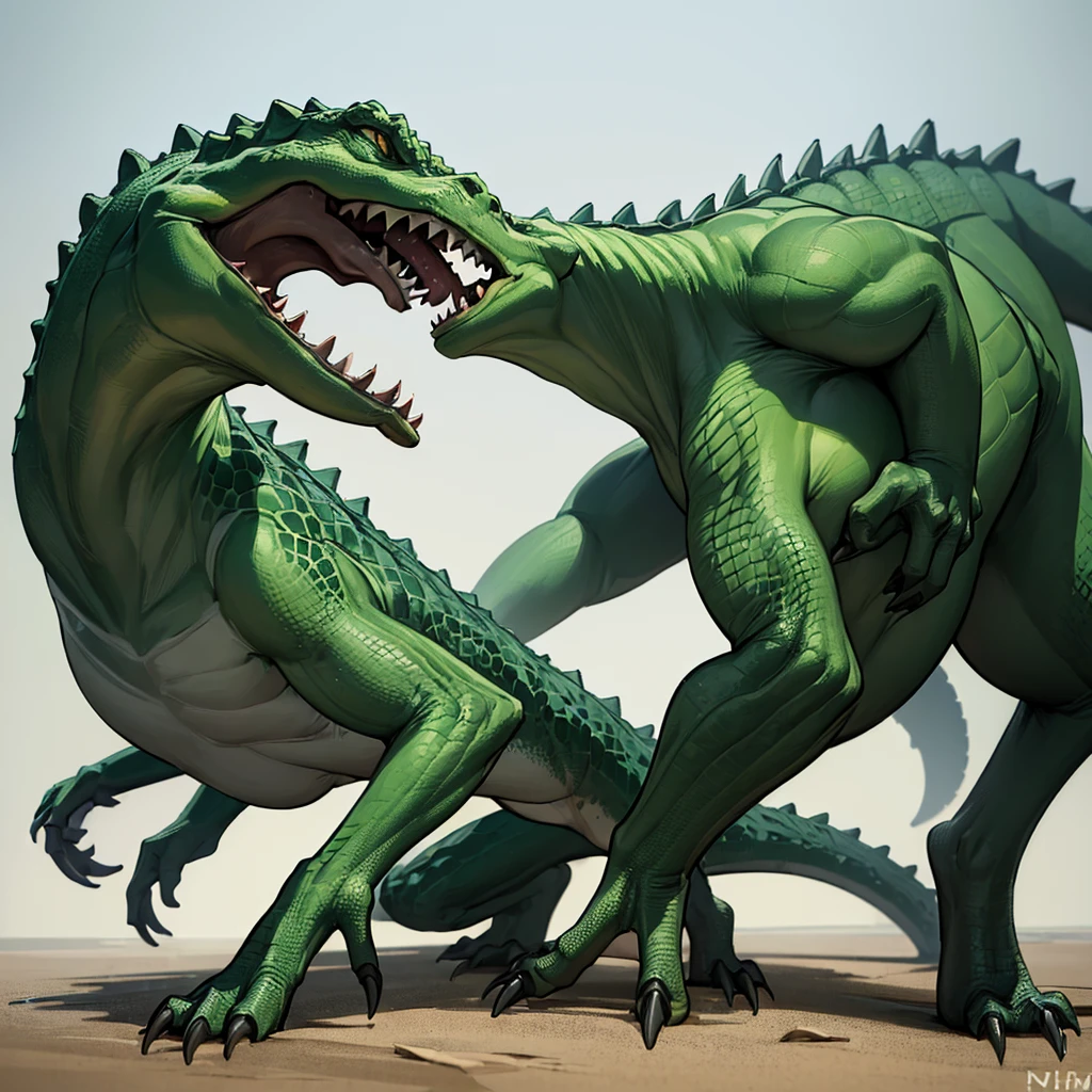 ((((No humans)))), reptiles, Humanity, Crocodile, green body, scale, There is nothing there, Crocodilian, facial, Muscular, green scale, teeth、get annoyed、Fighting stance、Fighting Pose、Movement angle、(White background)、(From the back、Back view)