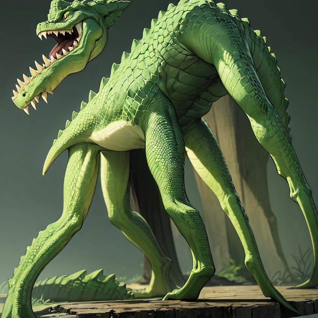 ((((No humans)))), reptiles, Humanity, Crocodile, green body, scale, There is nothing there, Crocodilian, facial, Muscular, green scale, teeth、get annoyed、Fighting stance、Fighting Pose、Movement angle、(White background)、(From the back、Back view)