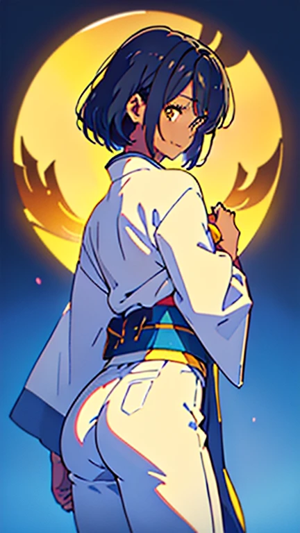 masterpiece, best quality, ((dark skin)), short hair, yellow eyes, black hair, beautiful girl smiling, thin, full body, tall girl, ((white male-fighter kimono with blue belt and white pants)), ((kawaii)), ((cute)), (small-breasts:0.5), ((short chest)), ((big butt)), ((wide thigh)), fighting, (Ultra High Resolution: 1.2), (RAW Photo: 1.2)