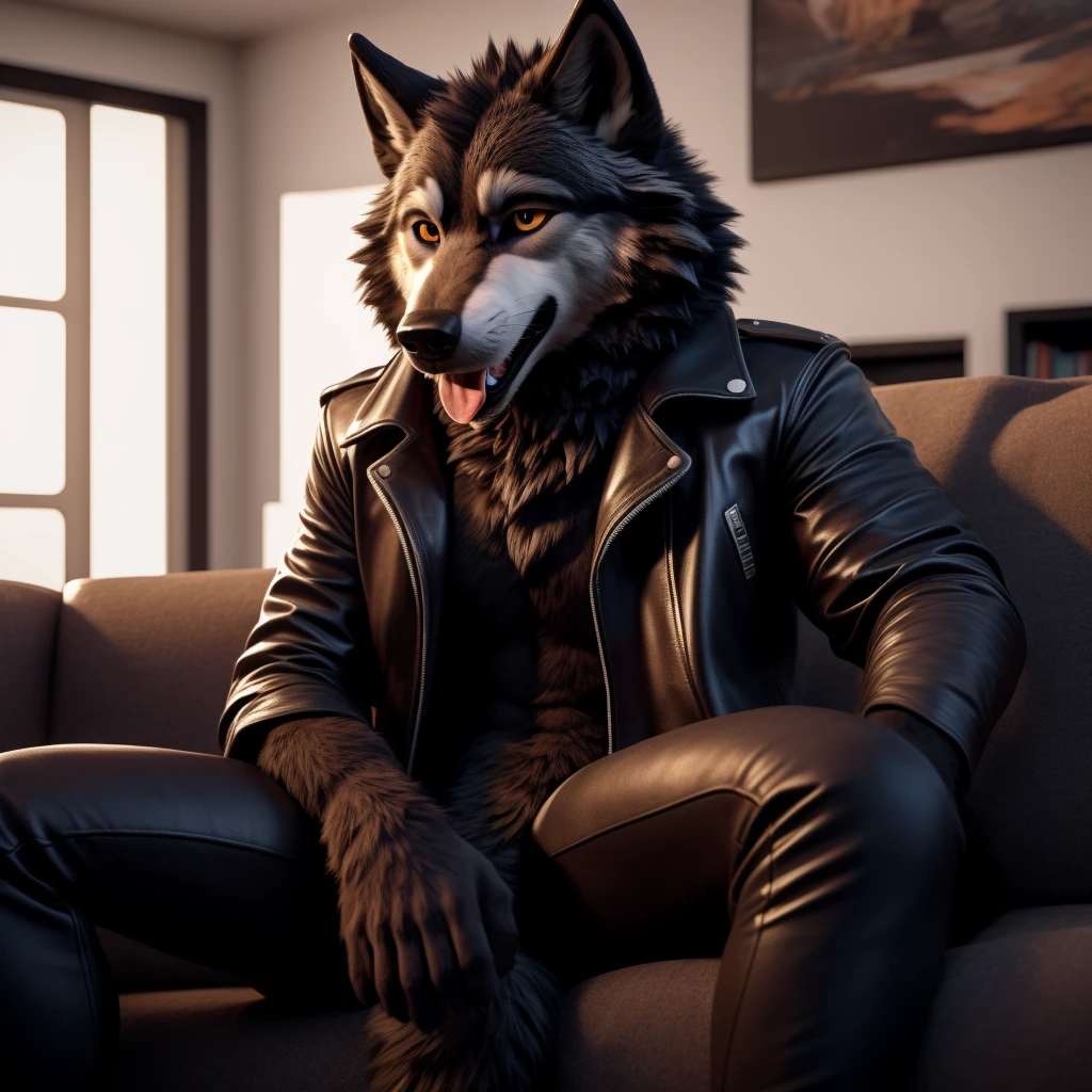 Posing, Male, 30 years old, playful wink, mouth open with tongue hanging out, black leather jacket, anthro, wolf ears, (black fur:1.5), wolf, log cabit backgroud, 8k, hi res, (best quality, masterpiece), (wolf tail:1.5), detailed fur, sitting on couch