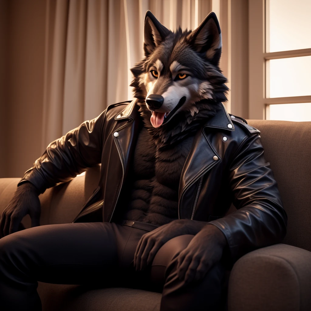 Posing, Male, 30 years old, playful wink, mouth open with tongue hanging out, black leather jacket, anthro, wolf ears, (black fur:1.5), wolf, log cabit backgroud, 8k, hi res, (best quality, masterpiece), (wolf tail:1.5), detailed fur, sitting on couch