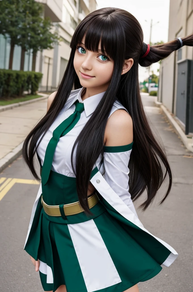 A girl with waist-length hair, green eyes, and the My Hero Academia anime uniform. 