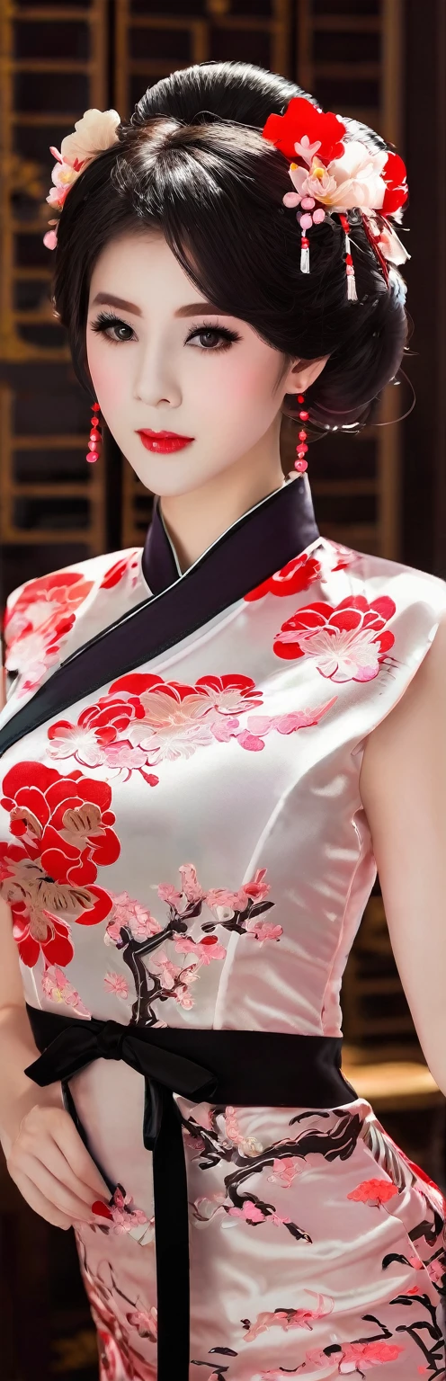 Femme geisha portant une sublime nuisette Cheongsam très détaillé, Sexy, Costume Lolita, Lingerie Anime Babydoll Costume, Joli Style Chinois Cosplay, Chemise de nuit sexy pour femme avec col montant imprimé creux et fente latérale et dos nu, jupe courte fendue haute, éclairage romantique et sensuel, sublime poitrine effet push-up