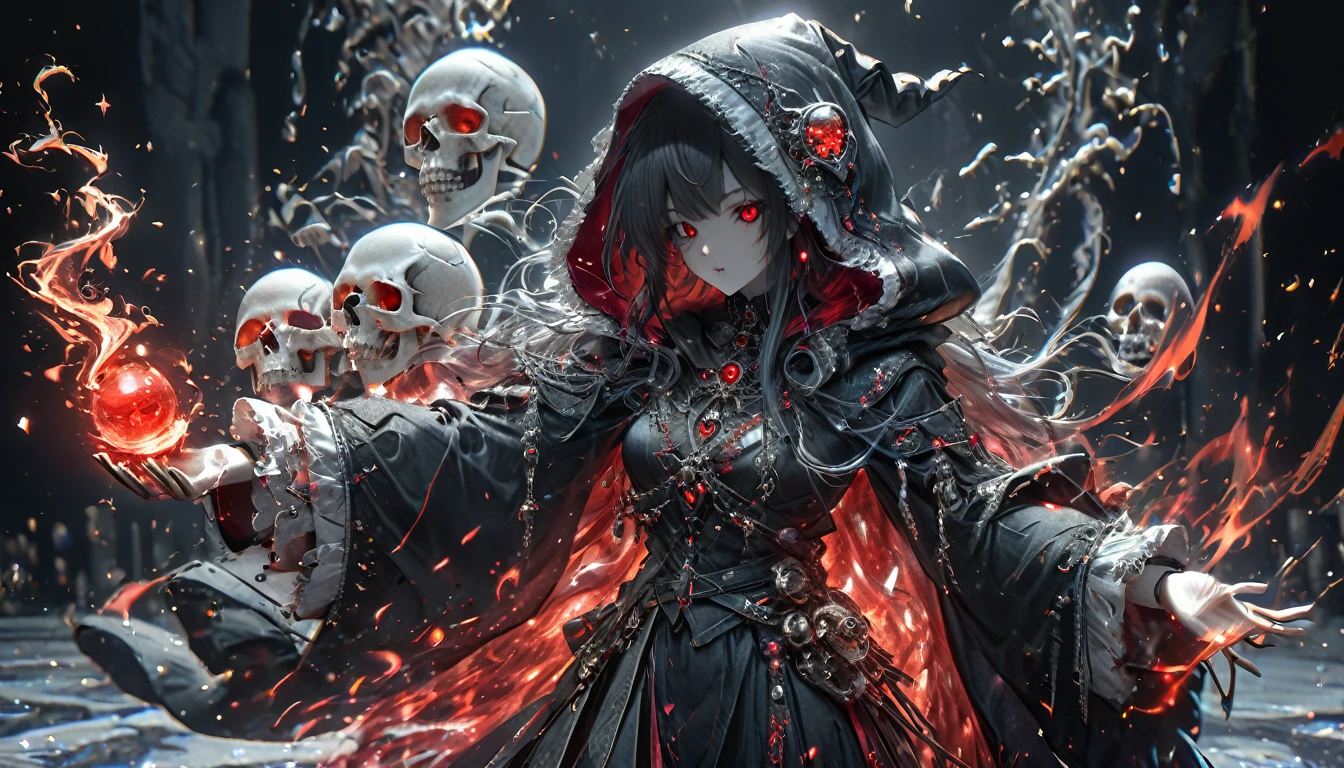 (Photorealistic), Young Death Witch, Skull with glowing red eyes, ((Black robe with hood and fine white trim)), Hold an hourglass in your right hand, (High detail, Very detailed, masterpiece, beautiful:1.2), Black space appears in the background, Dynamic pose, lens, Hong Kong Magic,