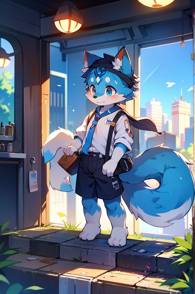 Blue fur, Canine, fox motif, boy, uniform,expensive,One person,Stand up on your own two feet,背がexpensive,Cityscape,