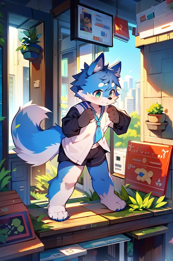 Blue fur, Canine, fox motif, boy, uniform,expensive,One person,Stand up on your own two feet,背がexpensive,Cityscape,