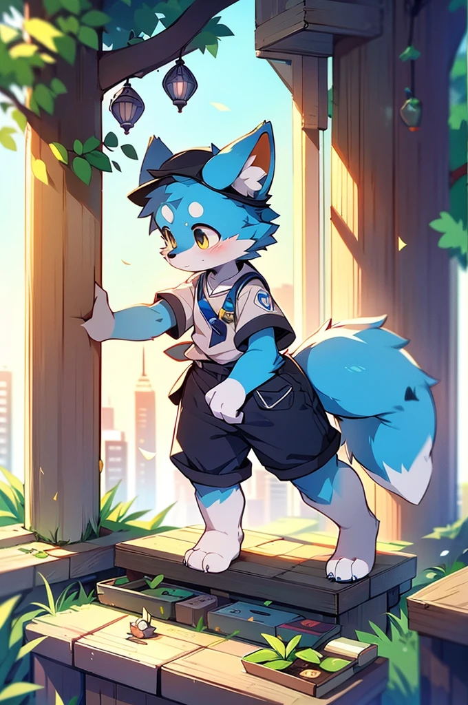 Blue fur, Canine, fox motif, boy, uniform,expensive,One person,Stand up on your own two feet,背がexpensive,Cityscape,