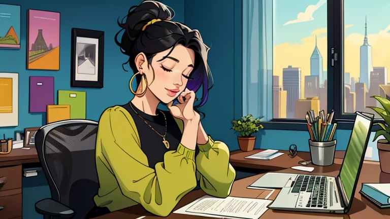 Beautiful black-hair up woman in her 30s sitting green chair in an spacious and colorful office. In the background there are many desks and people, looking down and closing her eyes, relaxed atmosphere, cozy, LOFI girl, alone in the room, blouse, desk, documents, laptop, pen, watch, smartphone, stationery, wide glass window, only five fingers, New York, colorful, can see skyscrapers outside the window, colorful wall, pierced earrings, She is fashionable, ring, cabinet, offee cup, Well-proportioned face,