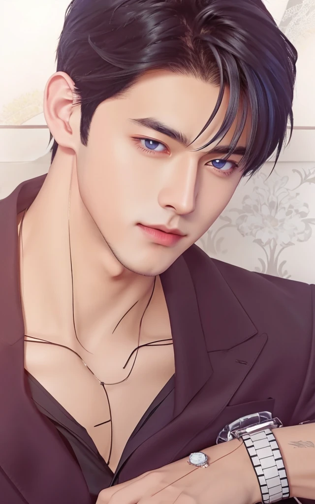 anime boy with black hair and blue eyes in a suit, anime guy with brown eyes, anime handsome man, realistic, ultra details