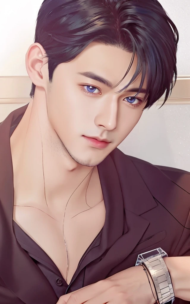 anime boy with black hair and blue eyes in a suit, anime guy with brown eyes, anime handsome man, realistic, ultra details