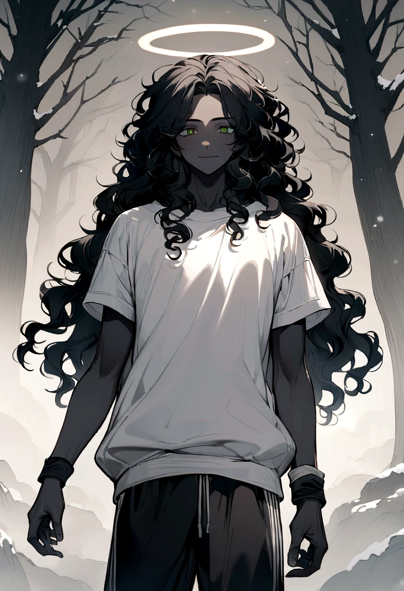 Draw a 20 year old man, with an adult appearance and very tall and with the following characteristics: he has black skin, short black curly hair, and green eyes. in the head, he has an angelic halo. He is wearing a normal sweatshirt outfit, consisting of black sweatpants and a gray short-sleeved shirt. Furthermore, on the right arm, he wears a white cuff. The boy has a slightly smiling expression. The background should be a snowy forest. Capture all of these details to ensure the final image is true to description.