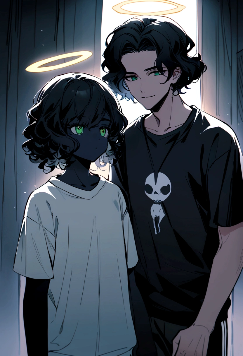 Draw a 20 year old man, with an adult appearance and very tall and with the following characteristics: he has black skin, short black curly hair, and green eyes. in the head, he has an angelic halo. He is wearing a normal sweatshirt outfit, consisting of black sweatpants and a gray short-sleeved shirt. Furthermore, on the right arm, he wears a white cuff. The boy has a slightly smiling expression. The background should be a snowy forest. Capture all of these details to ensure the final image is true to description.