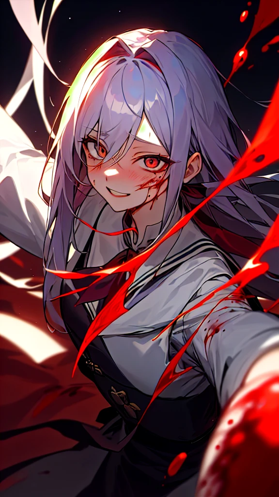 (masterpiece), night, Dark room, (crazy, crazy eyes, crazy smile, Yandere:1.2),( 1 female,) Long hair, Mature and elegant，（Adult women，Around 30 years old），((裙子上有很多Blood))， Eyes without light, Blood, blush,Morbid expression，((Yandere))，Royal sister，（（The queen&#39;s aura）），There are wounds on the hands，crazy笑容