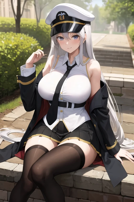masterpiece, best quality, highres, aaenter, long hair, hat, white headwear, , , black necktie, sleeveless shirt, white shirt, off shoulder, black coat, open coat, belt, pleated skirt, black skirt, black thighhighs, knees up, tights, legs up, sitting, knees up, cowboy shot, outdoors,