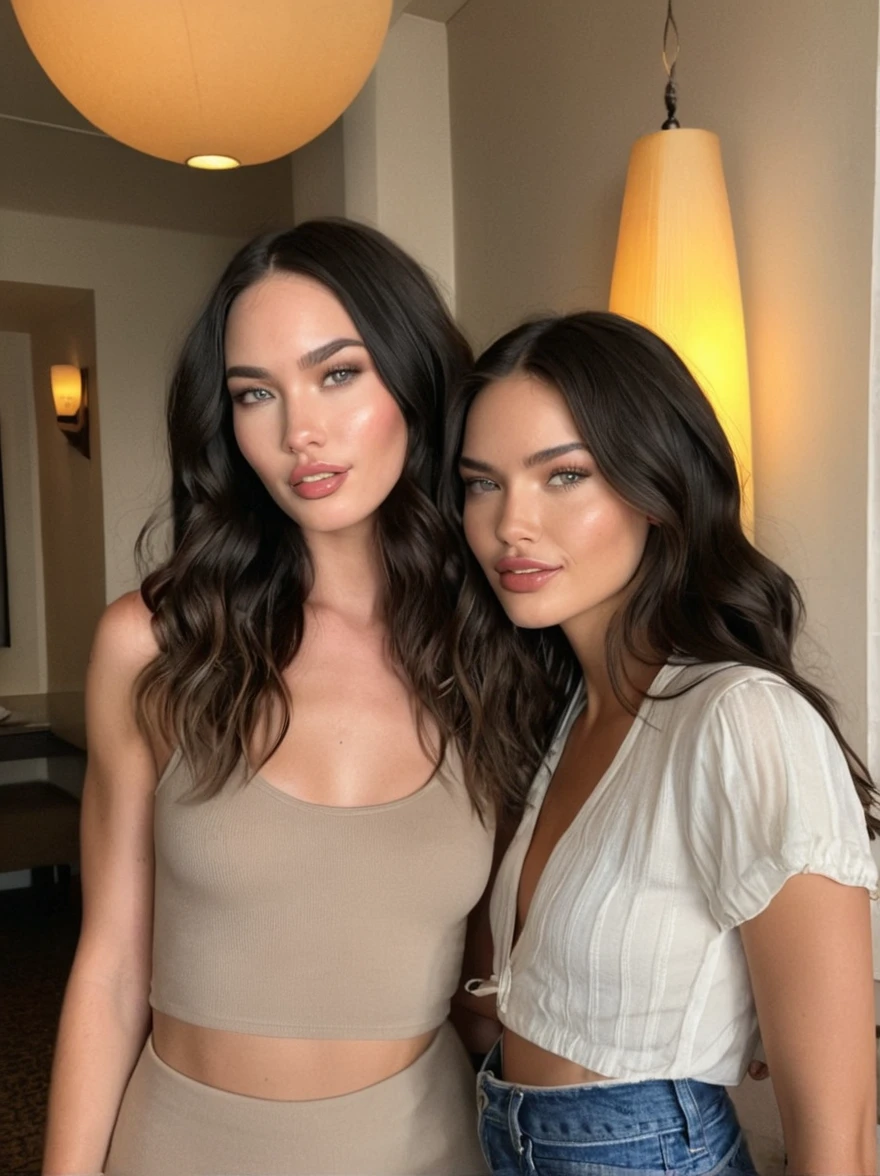 a realistic instagram photo of a [ really beautiful exotic androgynous supermodel 19 year old woman] , with [long, dark hair, short beachy waves hair style ] , looks like [Megan FOX] and [Adriana Lima], light makeup, looking [innocent, little smile, cute, flushed] , neutral background [light] hotel --ar 9:16 --stylize 750 --v 6
