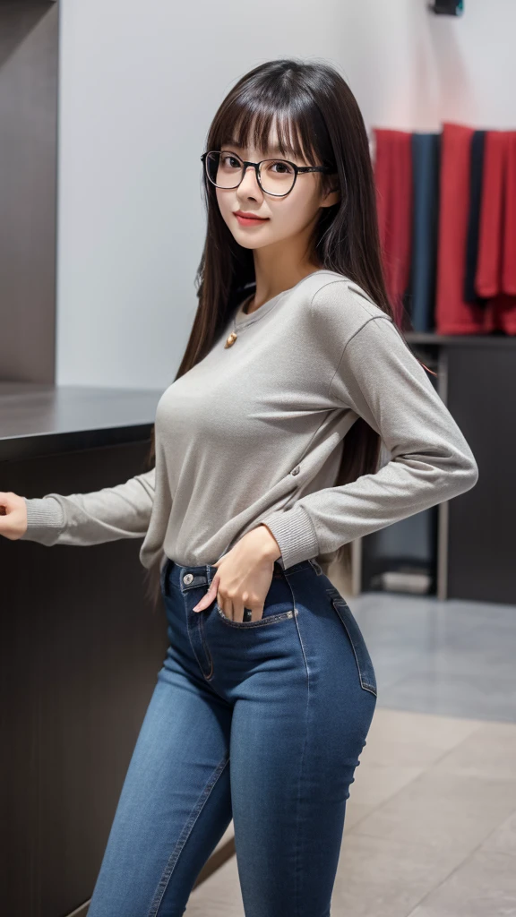cute dark toned Chinese girl wearing glasses in tight jeans behind