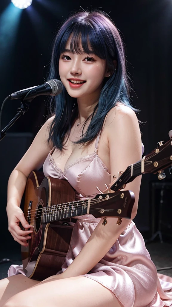 ((best quality)), photorealistic, photorealism, Photorealistic, high resolution, ((Wearing pink satin dress))、smile、A superb beauty、Super cute、ennui、Rare beauty、Very Short hair、Black Dark Eyeshadow、Sad、white skin、pale skin, Very short hair layered、Dark Gothic Makeup、Cute Smile、Fragrant beauty、Stained glass background、Mastepiece、Best Quality、Refers to 5 books、Sweat glistening on my chest、Sweat glistening on my face、Large breasts、Blue hair、Age 20 years old、Mysterious look、A sad expression、Blue Hair、Glamorous concert stage、enchanting castle、Sweating profusely all over the body、A lot of sweat and light on the thighs、Shiny thighs、Plenty of sweat glistening on the thighs、A large amount of sweat glistens on my thighs、Sweating profusely、Gal、Large breasts、Beautiful face、Alluring expression、Sitting、Sitting playing guitar、Open legs、Revealed panties、Thick thighs、Playing guitar、I have a guitar、Sing a song enthusiastically、Playing guitar in a band、Rock band、Playing guitar chords、Live House Background、Sing a song、Open your mouth、Live house scenery、Mic stand、Glamorous live stage、Dynamic Angle、cinematic lighting