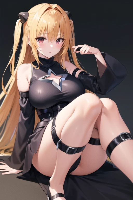 masterpiece, best quality, highres, aayami, very long hair, two side up, hair ornament, bare shoulders, black dress, clothing cutout, large breasts, detached sleeves, belt, thick legs, thigh strap, sitting, knees up, cowboy shot,