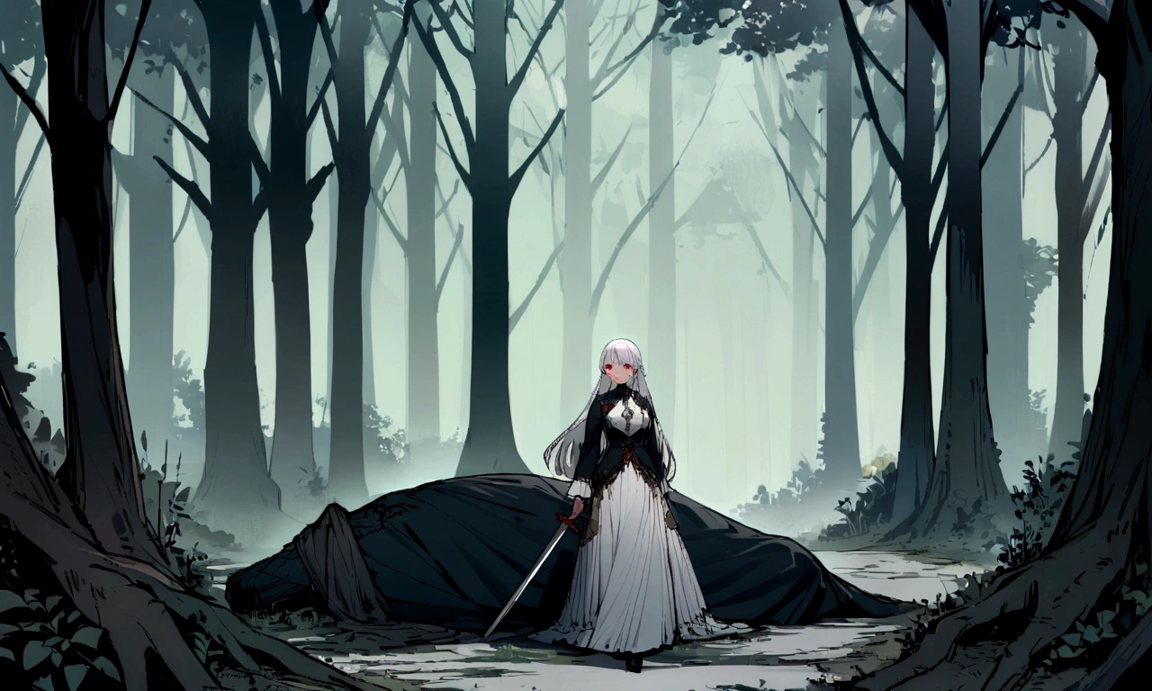 A girl with long white hair and red eyes, holding a sword in her right hand, stood on a corpse in the distance, with a forest in the background.