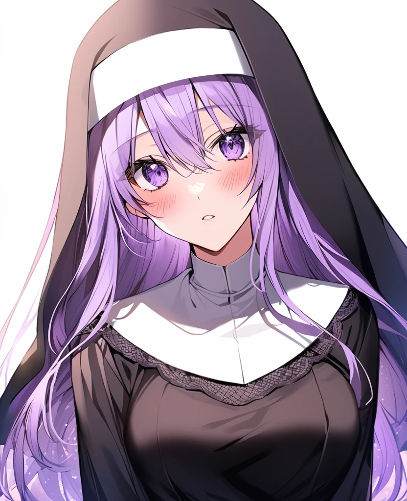 (shoujo-style:1.25), nun, 1girl, solo, long hair, looking at viewer, blush, medium breasts, long sleeves, dress, hair between eyes, standing, purple eyes, purple hair, parted lips, black dress, mole under mouth, habit, lace,