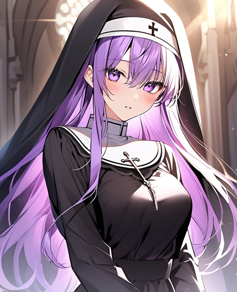 (shoujo-style:1.25), nun, 1girl, solo, long hair, looking at viewer, blush, medium breasts, long sleeves, dress, hair between eyes, standing, purple eyes, purple hair, parted lips, black dress, mole under mouth, habit, lace,