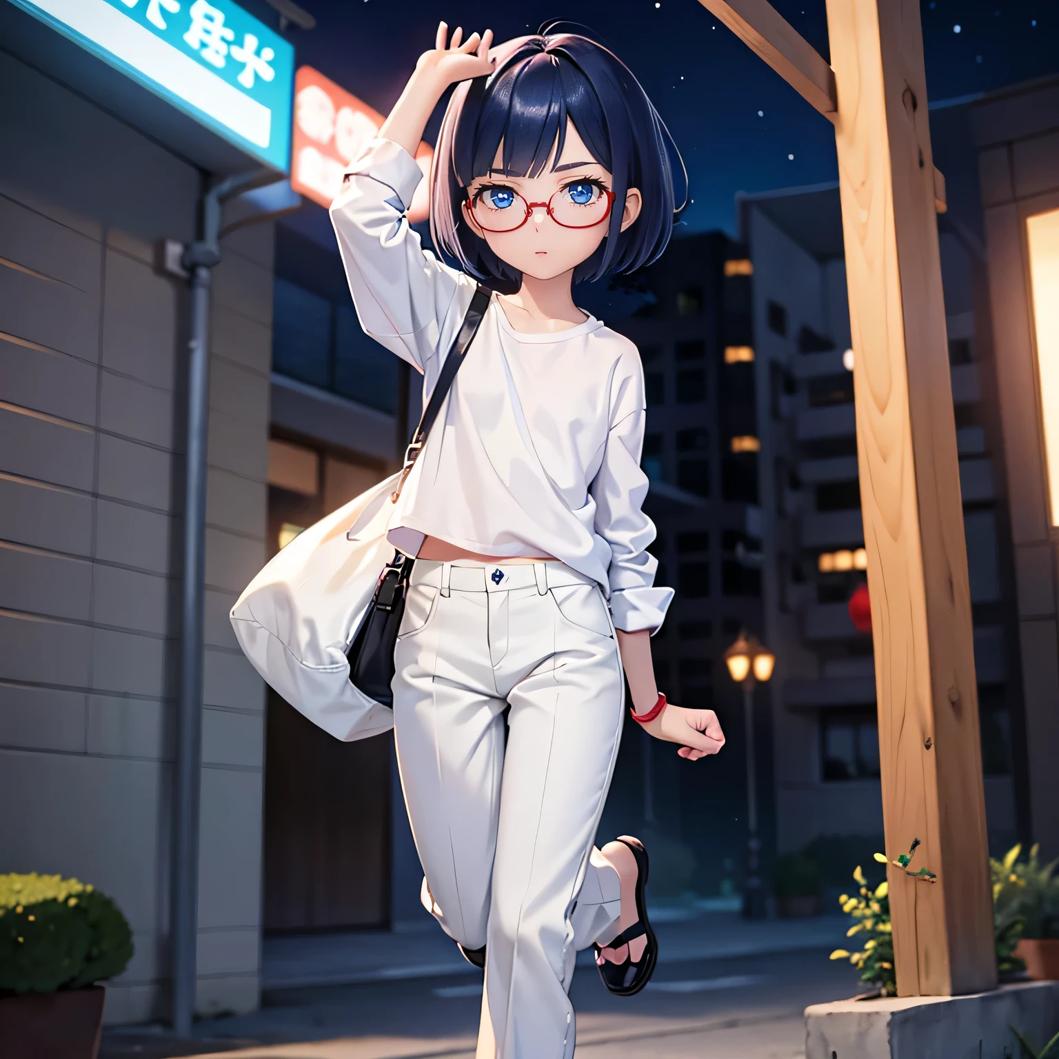 Dark blue hair, short hair, dark blue eyes, white shirt, white pants, baggy pants, shirt tucked in, red glasses, small, short, little, young, flat, serious, standing, outside, night, feminine, standing on one leg, one leg up, one arm in cast, one arm in sling