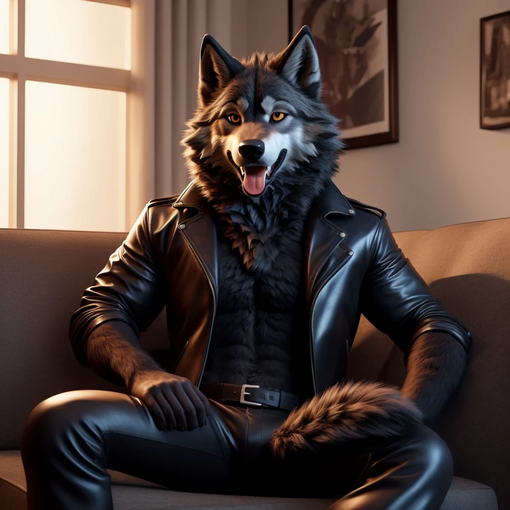 Posing, Male, 30 years old, playful wink, mouth open with tongue hanging out, black leather jacket, anthro, wolf ears, (black fur:1.5), wolf, log cabit backgroud, 8k, hi res, (best quality, masterpiece), (wolf tail:1.5), detailed fur, sitting on couch