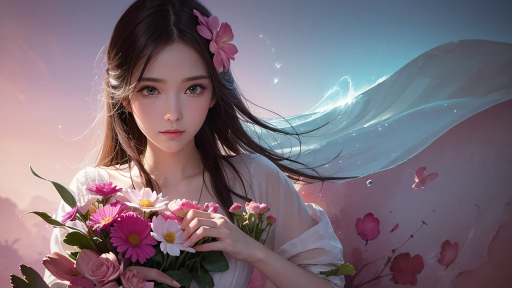 32k, Masterpiece, Highest quality, One girl, Detailed eyes, flower,Sandersonia, Pink and brown style,A dreamy, romantic piece,Pale pink, Mysterious Leaves,A playful arrangement,Fantasy,High Contrast,Ink strokes,explosion,Exposure, Impression of pink and brown tones,Abstract,((Watercolours by John Berkey and Jeremy Mann )) Brush strokes,Negative Space, Tyndall effect,