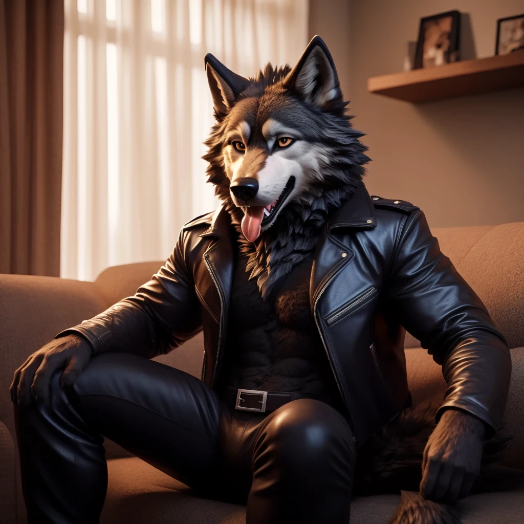 Posing, Male, 30 years old, playful wink, mouth open with tongue hanging out, black leather jacket, anthro, wolf ears, (black fur:1.5), wolf, log cabit backgroud, 8k, hi res, (best quality, masterpiece), (wolf tail:1.5), detailed fur, sitting on couch