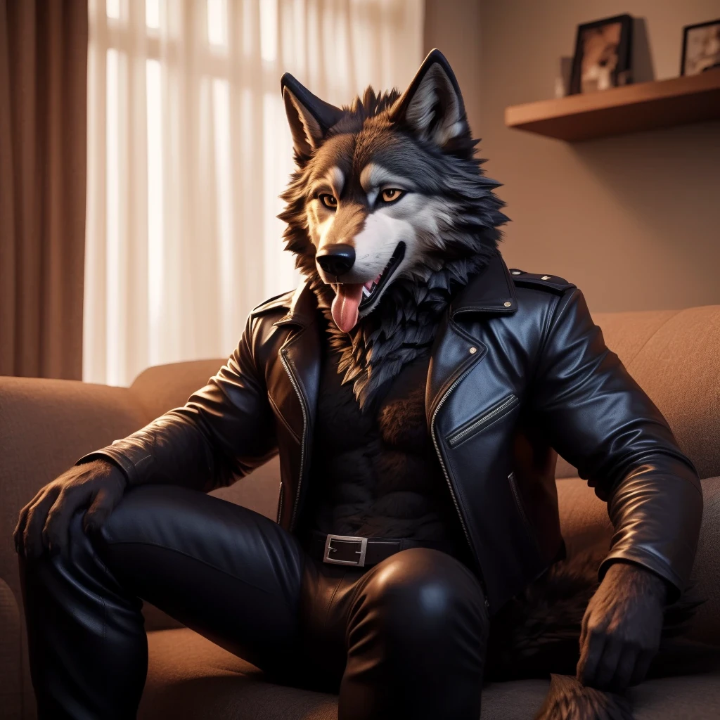Posing, Male, 30 years old, playful wink, mouth open with tongue hanging out, black leather jacket, anthro, wolf ears, (black fur:1.5), wolf, log cabit backgroud, 8k, hi res, (best quality, masterpiece), (wolf tail:1.5), detailed fur, sitting on couch