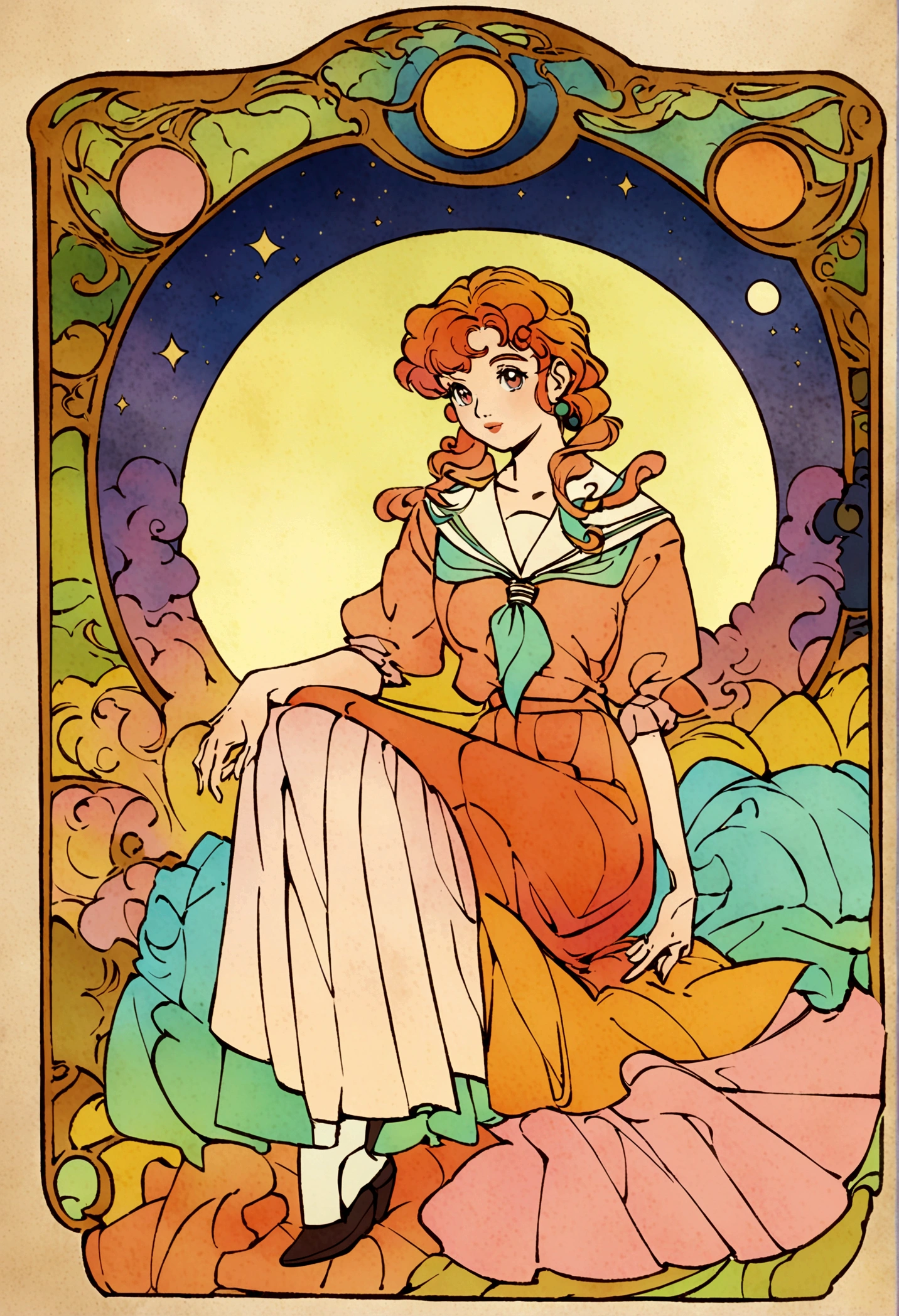 A painting of a woman sitting on a bed with the moon behind her, Dreamy illustration, Inspired by Audrey Kawasaki, Anime Art Nouveau cosmic display, loish art style, Inspired by Naoko Takeuchi, Anime Art Nouveau, Loish and clamp styles, Illustration Line art style, Sailor Moon aesthetics, Anime Graphic Illustration, Drawn in a whimsical style, Soft anime illustration