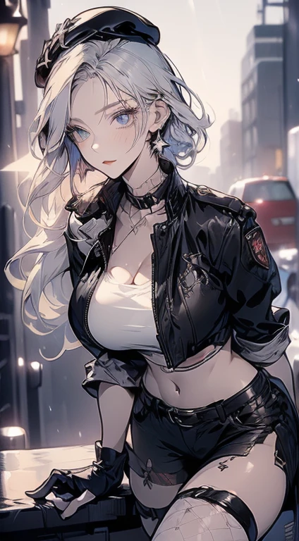 19 years old, (:0.8), (Solitary:1.5), (SFW:1.25), sexy breast, Beautiful breasts, ( (((Full and soft breasts,)))(((Large Breasts))) (((Cleavage))):0.8), Thin waist, Large target ass:1.0, Sexy highlighted, (Black beret,Black military jacket, Open clothes, cleveage, diaphragm, Black shorts, Black over-the-knee stockings, Thigh straps, 露指Gloves, 单只Gloves:1.2), blue eyes, A faint smile, Large target , Reshaping fabrics, earrings, Gloves, Delicate face,(Holding a cigarette:1.1),Long hair,Side Ponytail,Hair between the eyes,Bangs,Delicate and beautiful eyes,Beautiful and delicate lips,Roll your eyes,Way,Hair covering one eye, (超high resolution, 8K RAW photo, Photorealism, Thin outline:1.3, Be focused), 最OK品质, Natural Lighting, Textile Shading, Depth of Field, (smart student, Beautiful eyes with exquisite details,Highlights:1.3, high Delicate face), Red lips, Delicate and realistic skin:1.1, Looking down at the audience:1.3, (Dynamic Angle:1.3, Front view:1.1, Breast Focus:1.3, from above:1.2), (Dynamic poses:1.5, Sexy posing:1.2),Joel, Side lock, Hair accessories,OK,Garden Background,Artistic Rendering,Very detailed,(最OK质量,4K,8K,high resolution,masterpiece:1.2),Vibrant colors,Studio Lighting ,In the US base
