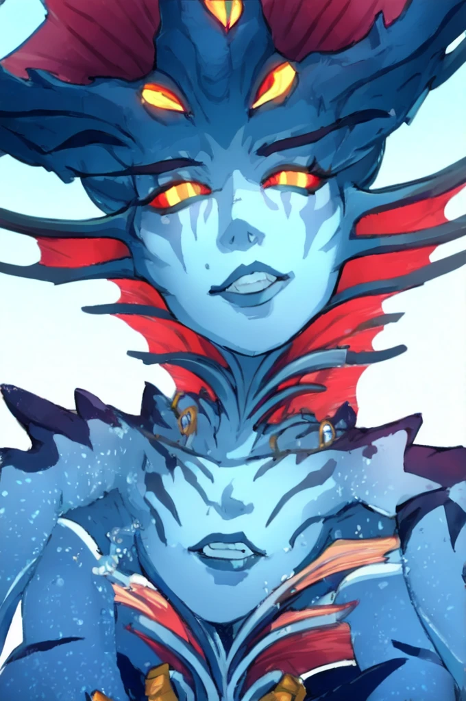 (high quality, detailed, 4K, masterpiece),
1girl, perfect face,
Naga Azshara, colored skin, grey skin, multiple eyes, orange eyes, tentacle hair, jewelry,
 yandere trance, yandere, hands on own face,hands on own cheeks, pirate hat, loose shirt, face focus