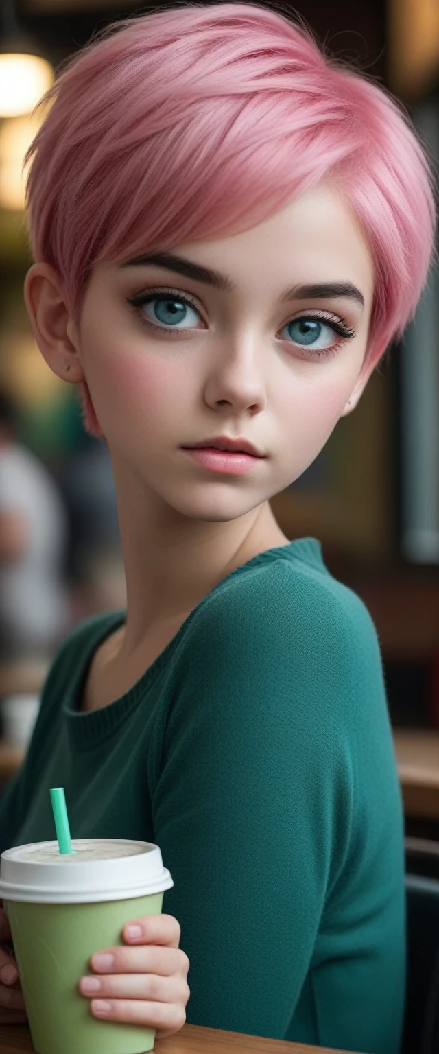 12-year-old girl, short hair, pink  hair, blue and green eye, lindo rosto, Grieving, roupa casual de chilly, drinking coffee,in a cafeteria, semblante Grieving , rainny, chilly, dramatic, movie  theater, rustic cafe, old cafe, girl in focus 