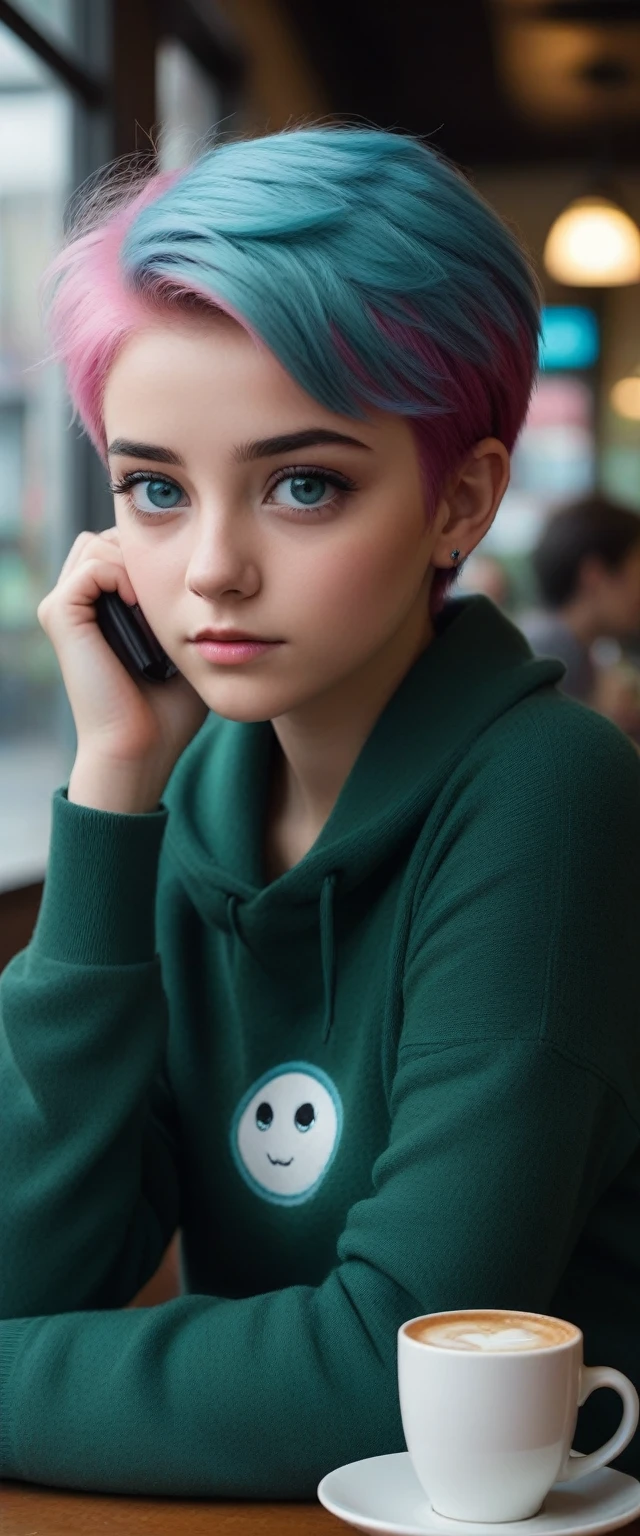 12-year-old girl, short hair, pink hair, blue and green eye, lindo rosto, Grieving, roupa casual de chilly, drinking coffee,in a cafeteria, semblante Grieving , rainny, chilly, dramatic, movie theater, rustic cafe, old cafe, girl in focus