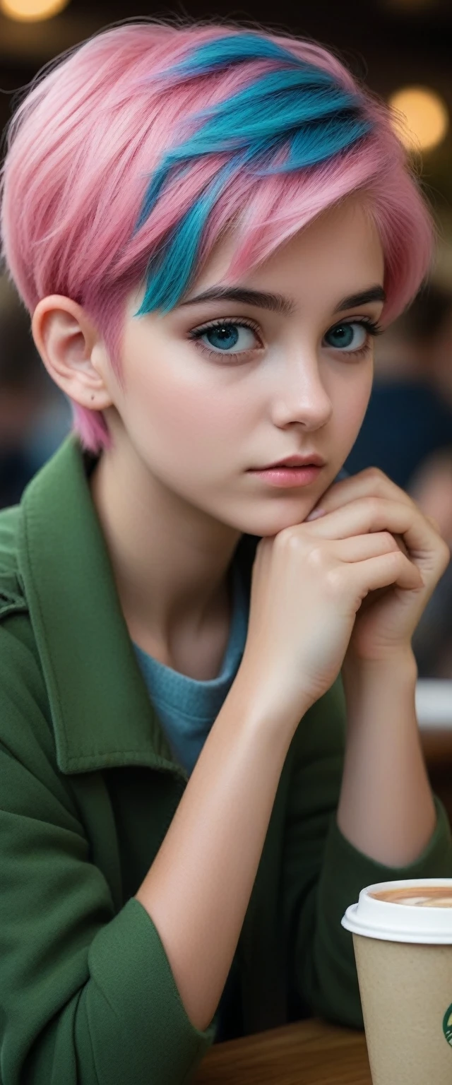 12-year-old girl, short hair, pink hair, blue and green eye, lindo rosto, Grieving, roupa casual de chilly, drinking coffee,in a cafeteria, semblante Grieving , rainny, chilly, dramatic, movie theater, rustic cafe, old cafe, girl in focus